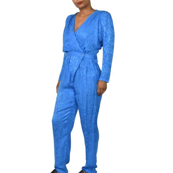 Nora Noh Silk Jumpsuit Blue Vintage Silky Shoulder Pads Tapered Jacquard Small - Picture 3 of 15